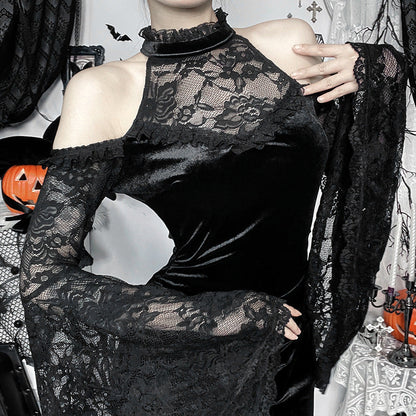 Black Off-Shoulder Long Sleeve Witch Dress for Women