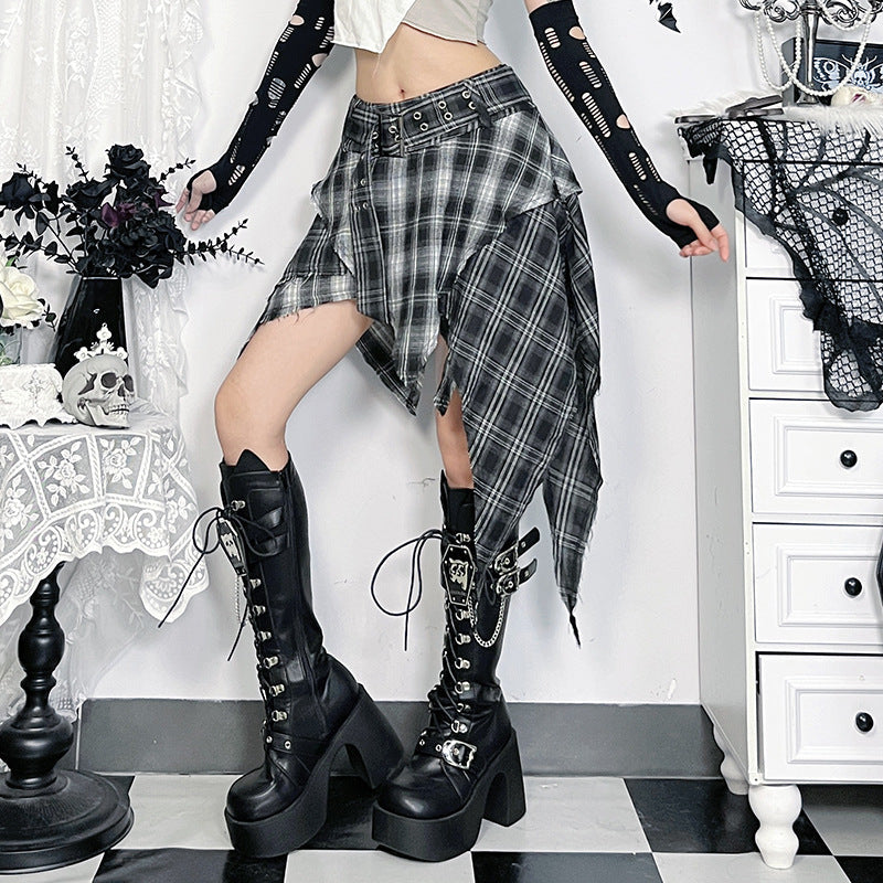 Black Unstructured Plaid Skirt Trendy Gothic Fashion