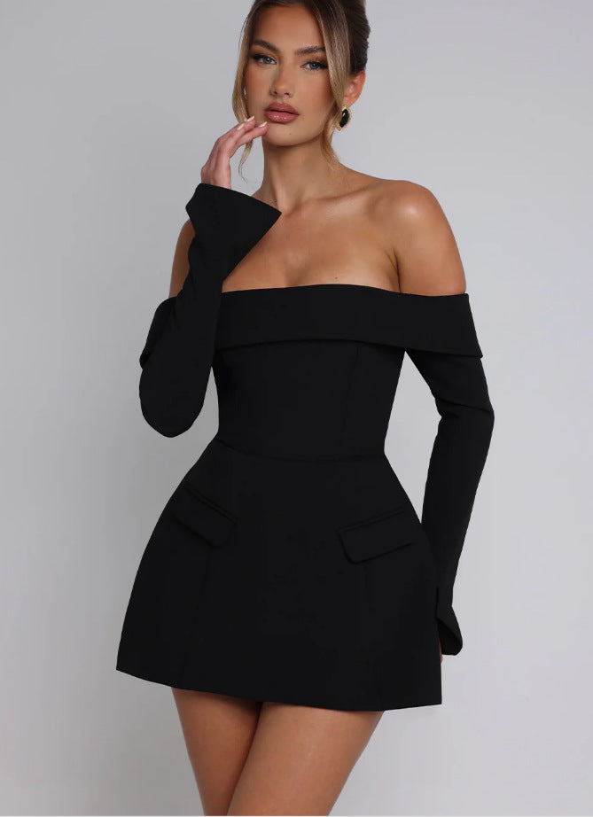 Off Shoulder Mini Flare Dress with Long Sleeves
