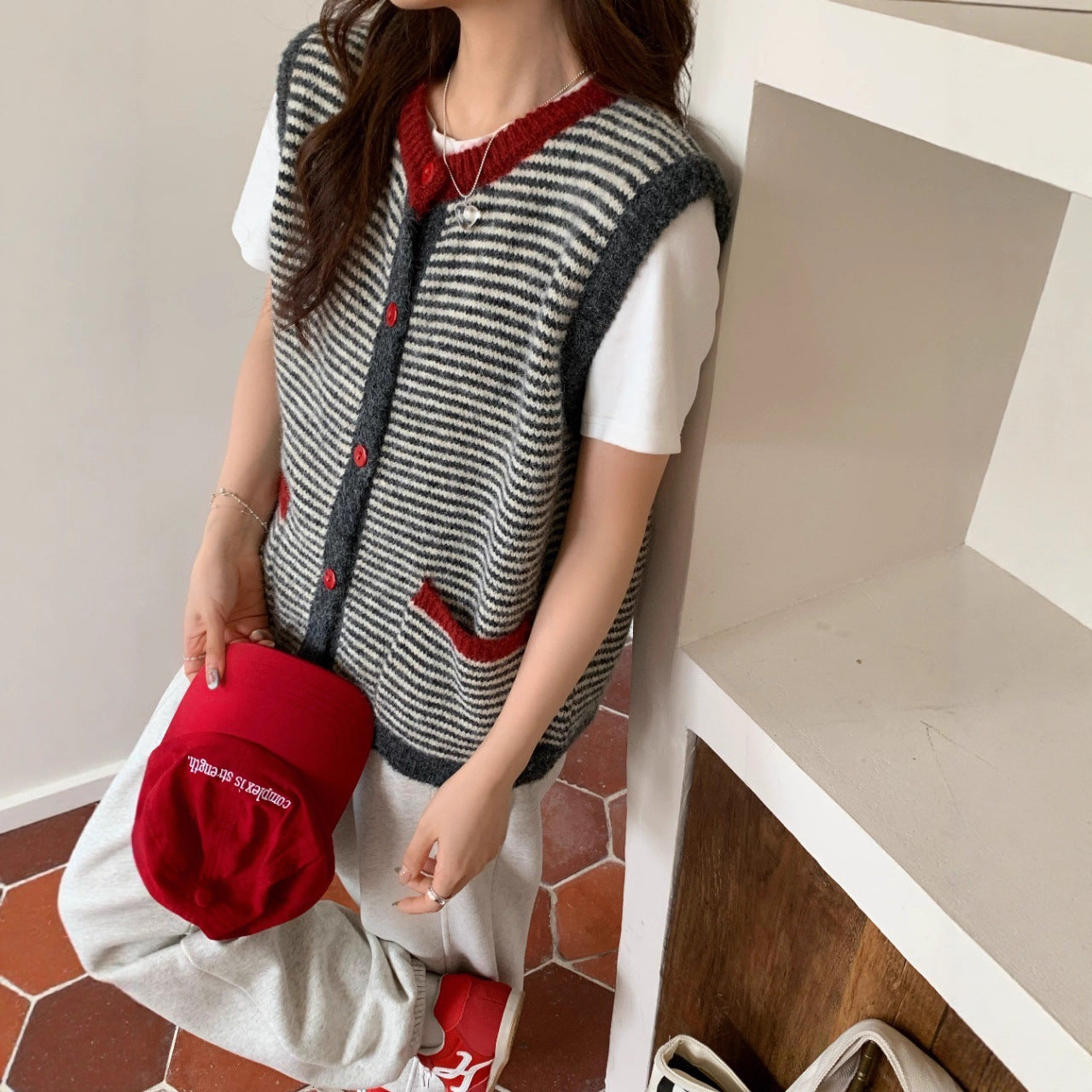 Color Block Striped Knit Vest for Women Casual Chic