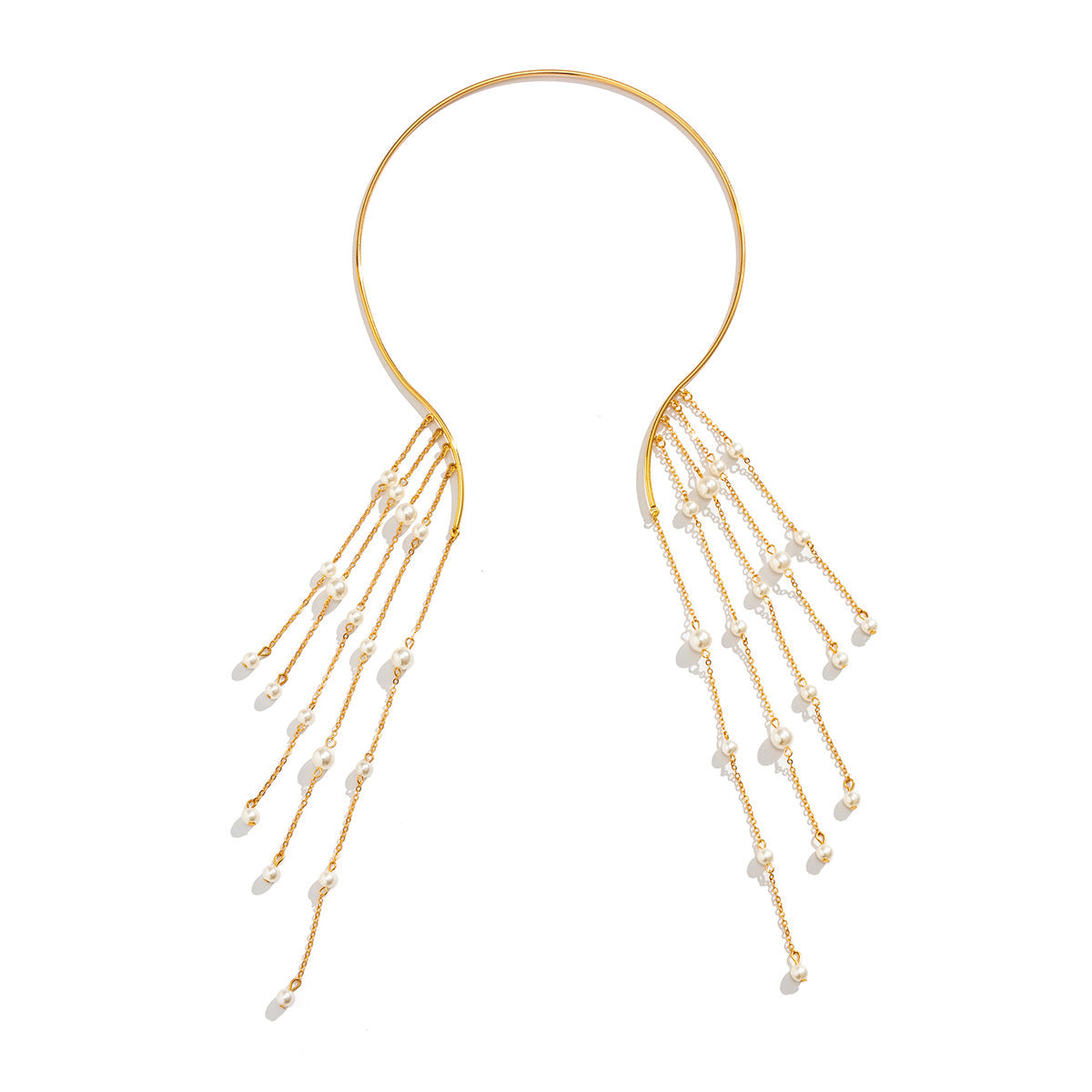 Geometric Metal Pearl Choker Necklace With Tassel