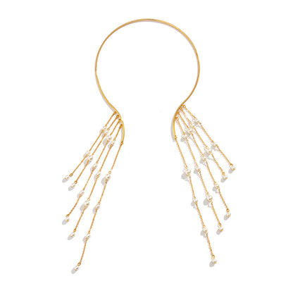 Geometric Metal Pearl Choker Necklace With Tassel