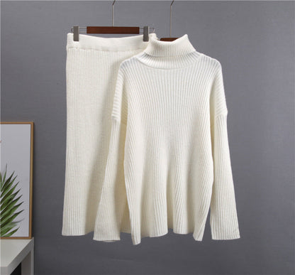 Ribbed Knit Turtleneck Sweater Midi Skirt Set