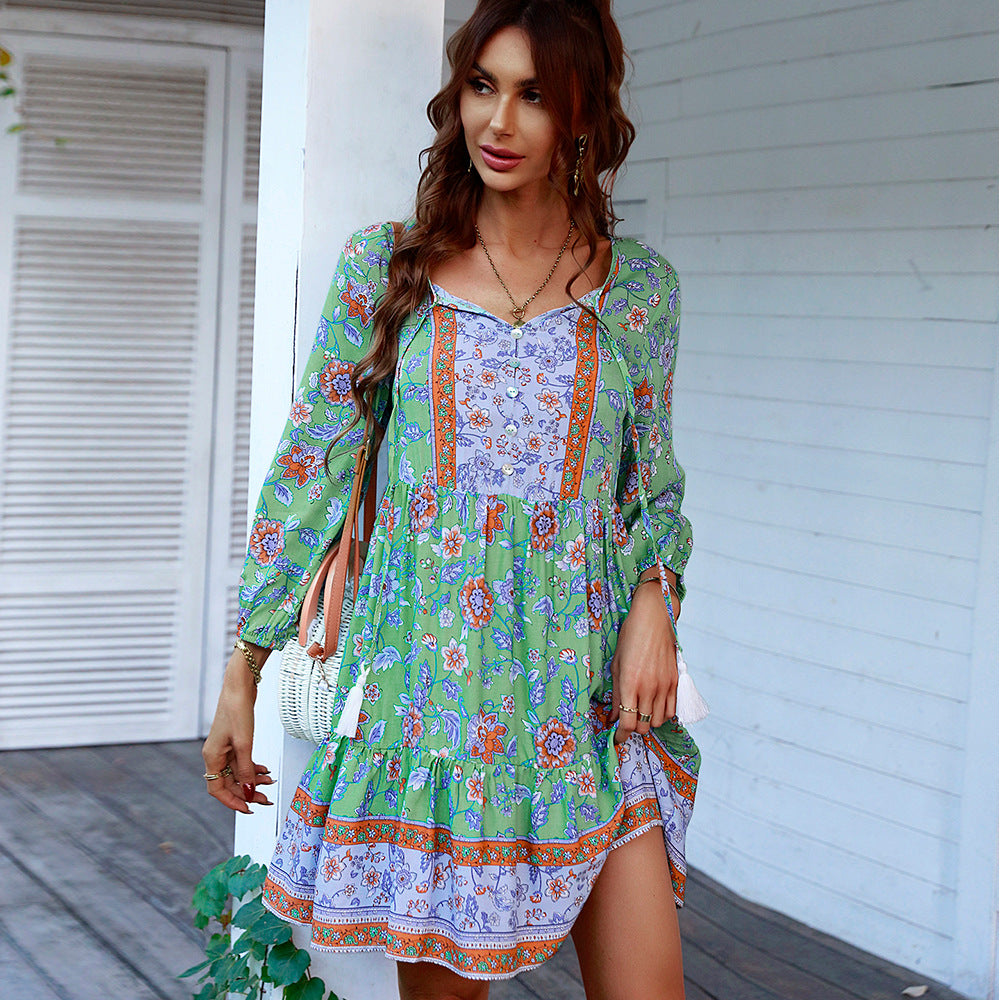 Elegant V-Neck Printed A-Line Dress Casual Vacation Wear