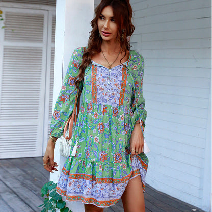 Elegant V-Neck Printed A-Line Dress Casual Vacation Wear