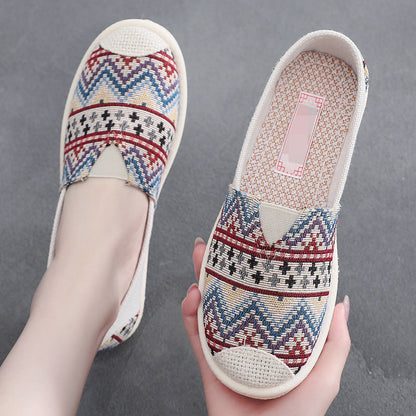 Ethnic Stripe Cloth Shoes Breathable Flat Sole Women'S Single Shoes With One Step Lazy Canvas Shoes