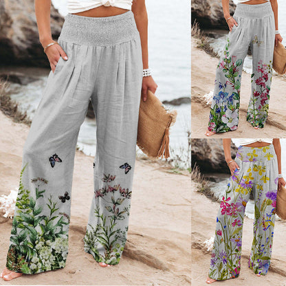 New Women'S Elastic Printed High Waist Pocket Casual Wide Leg Pants