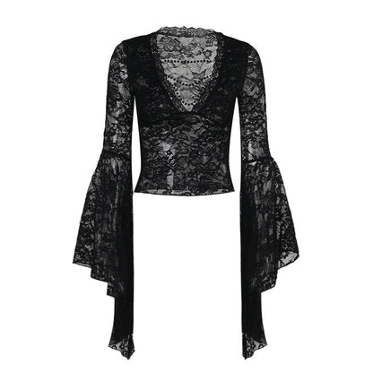 Black Lace V-Neck Top with Beaded Chain For Women
