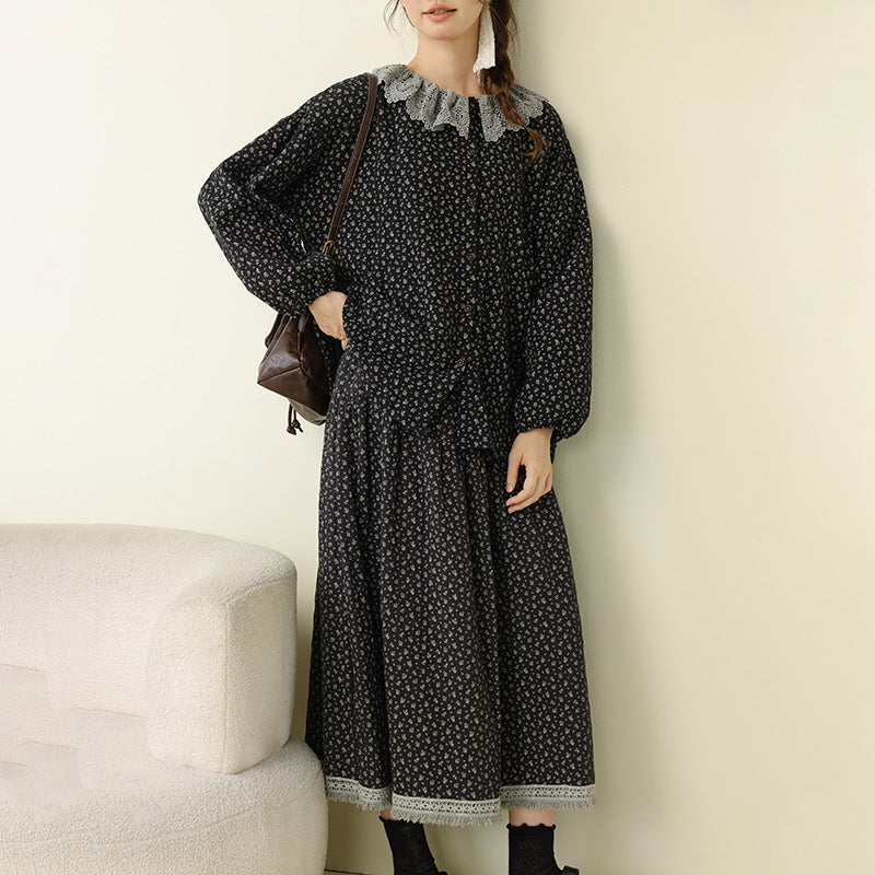 Artistic Vintage Floral Contrast Hem Skirt Casual Loose Set