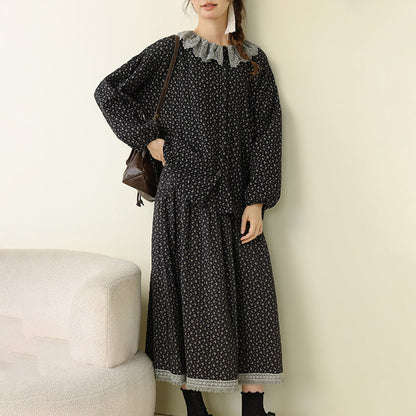 Artistic Vintage Floral Contrast Hem Skirt Casual Loose Set