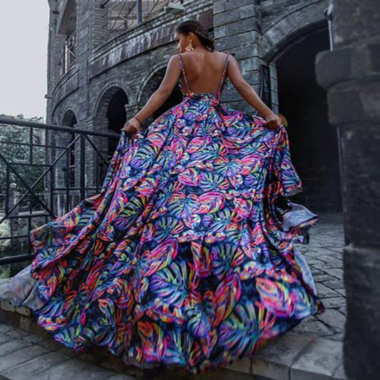 Women'S Sexy Slip Print Skirt Ethnic Style Beach Casual Maxi Dress