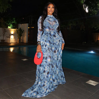Elegant A-Line Floral Maxi Dress With High Neck Design