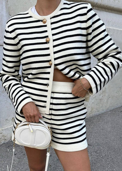 Striped Knit Cardigan And High Waisted Shorts Set