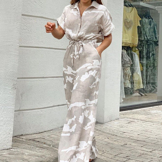 Summer Women'S Wear Fashion Polo Print Button Lace Up Jumpsuit