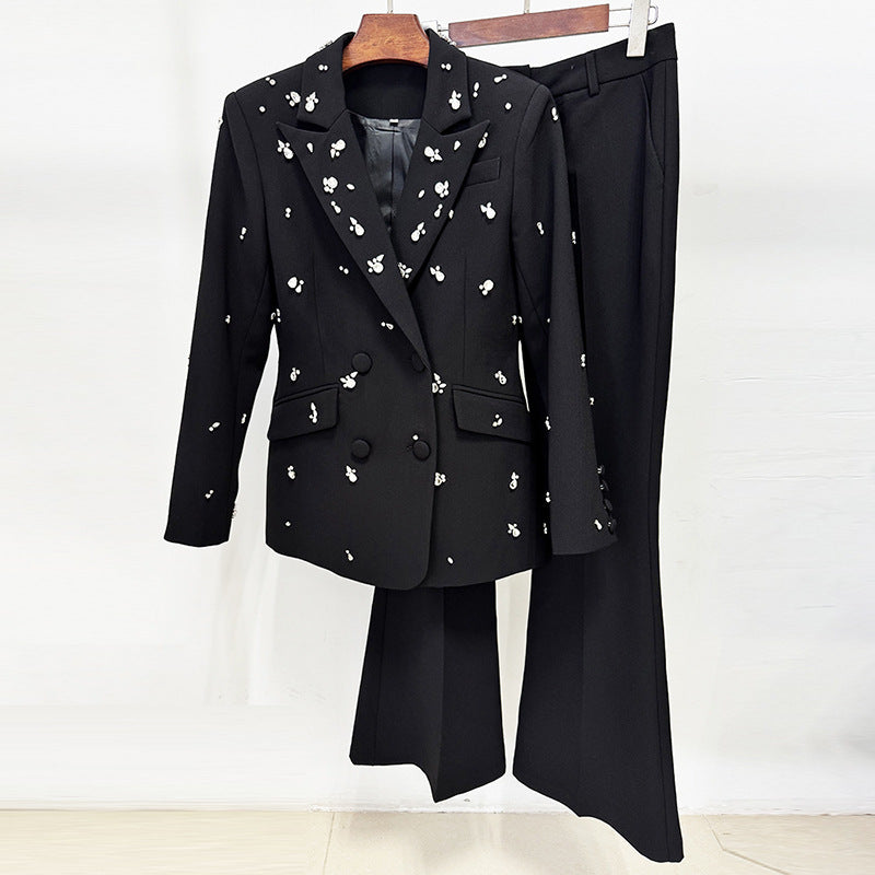 Fashionable Embellished Blazer Pantsuit With Long Sleeves