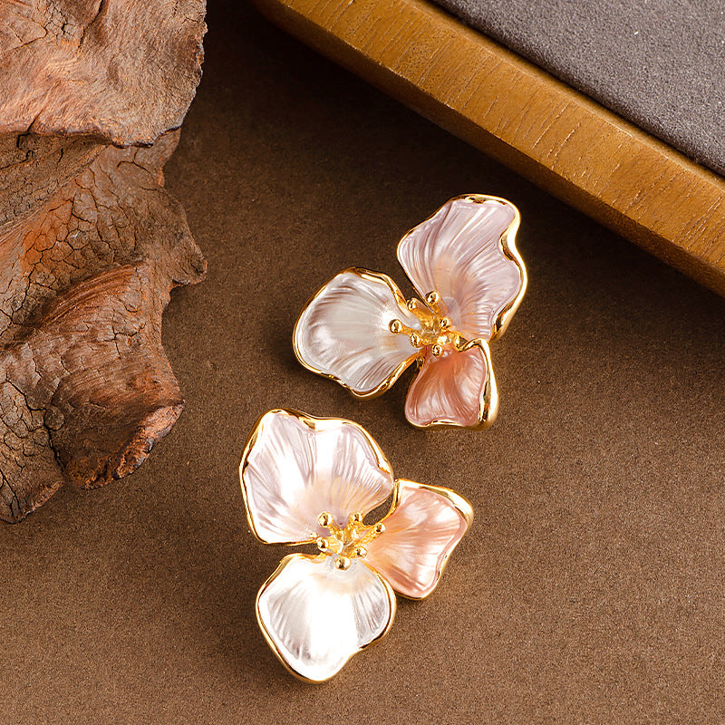 French Vintage Cream White Floral Petal Stud Earrings For Women