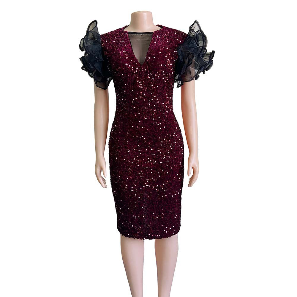 New Velvet Sequin Mesh Stitching Package Hip Dress Skirt Dress