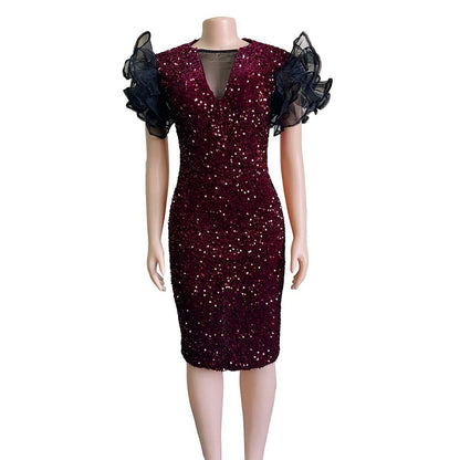New Velvet Sequin Mesh Stitching Package Hip Dress Skirt Dress