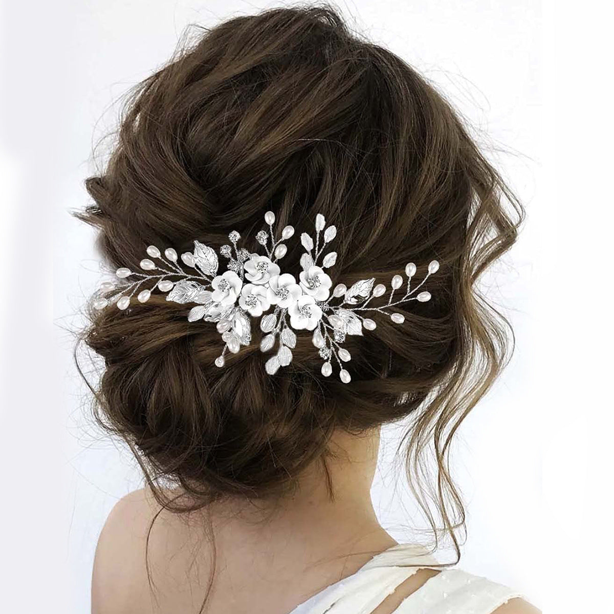 Handmade Pearl Flower Hair Comb with Gems in White