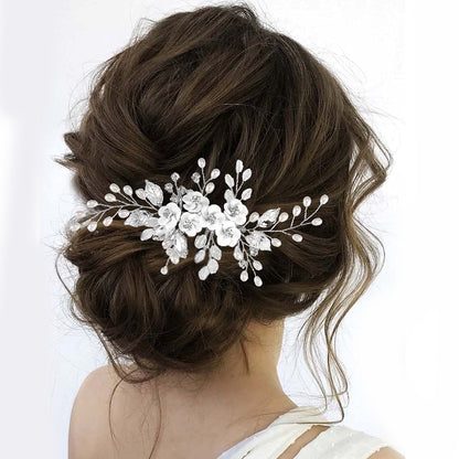 Handmade Pearl Flower Hair Comb with Gems in White