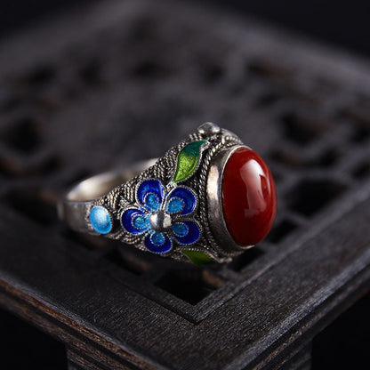 South Red Stone Blue Pattern Ring Lady'S Court Vintage Distressed Band Silver Adjustable Open Ring