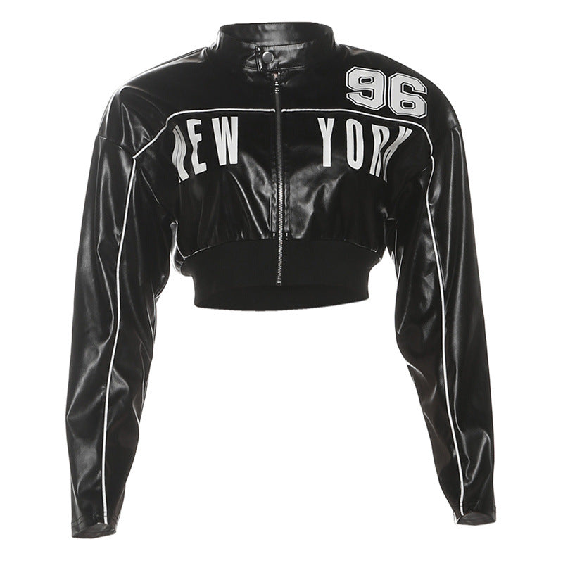 Trendy Zip-Up Faux Leather Jacket With Print For Women