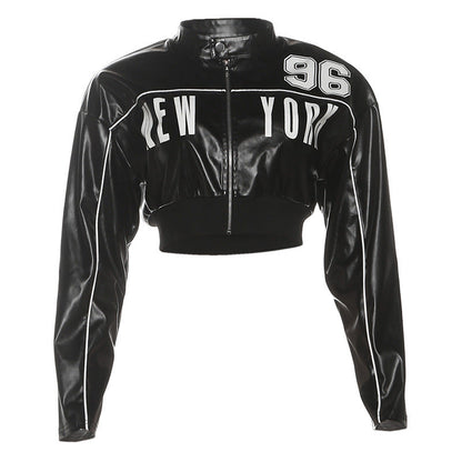 Trendy Zip-Up Faux Leather Jacket With Print For Women