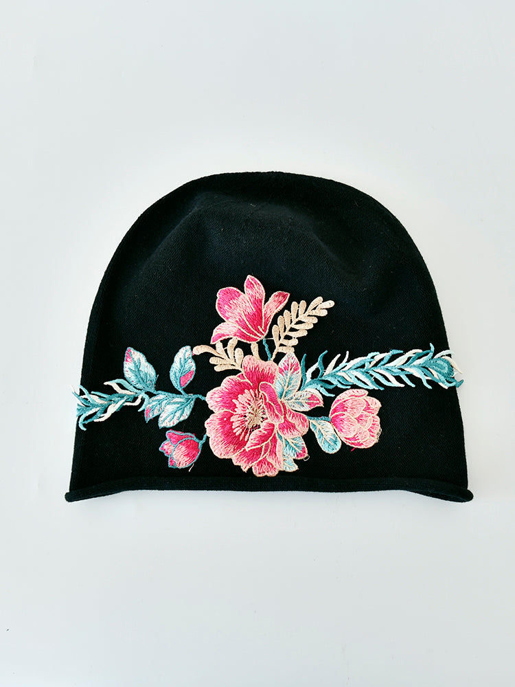 Black Pile Hat Women'S Autumn And Winter Embroidery Thin Postpartum Knitted Woolen Confinement Hat Versatile Bun Cap