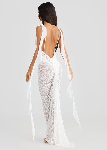 Sheer Lace Backless Maxi Dress White