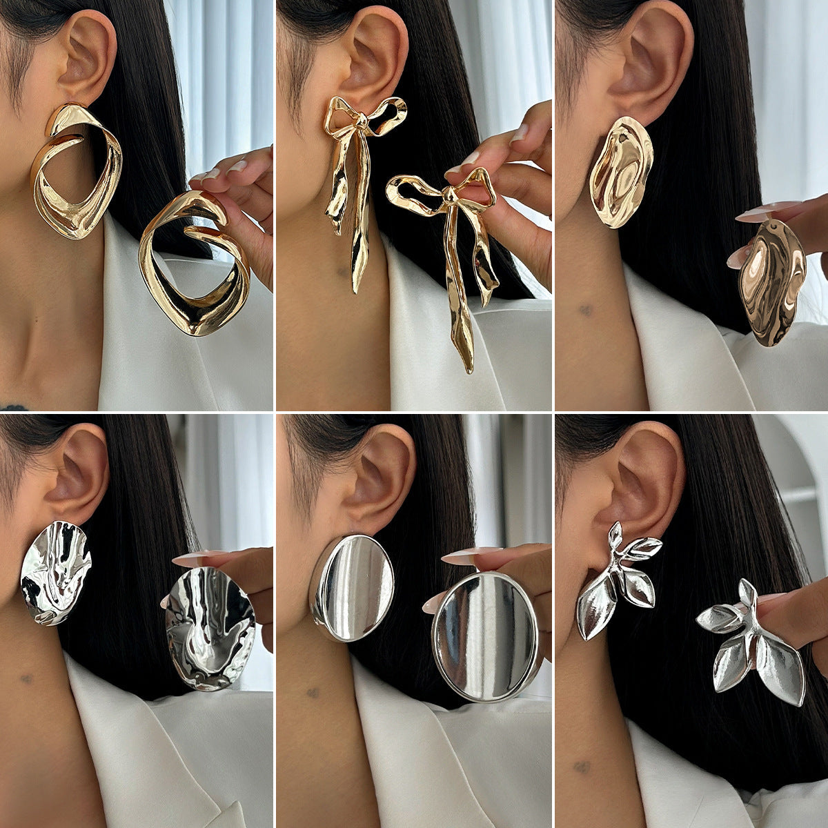 Geometric Bowknot Stud Earrings Metal Floral Design Jewelry