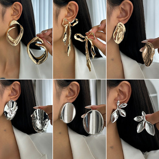 Geometric Bowknot Stud Earrings Metal Floral Design Jewelry