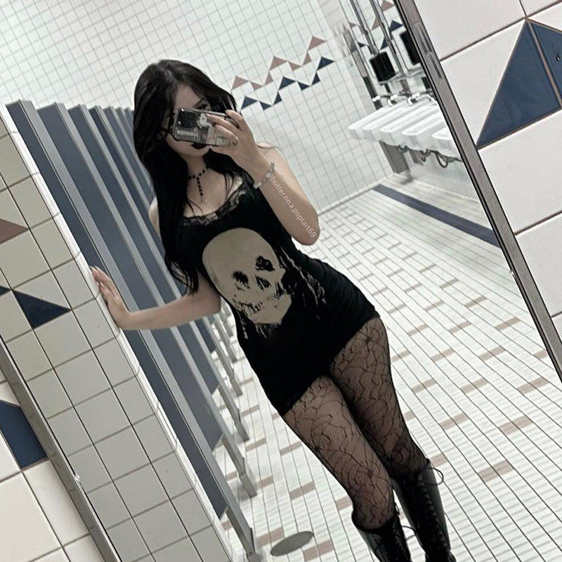 Skull Print Halter Mini Dress Dark Style