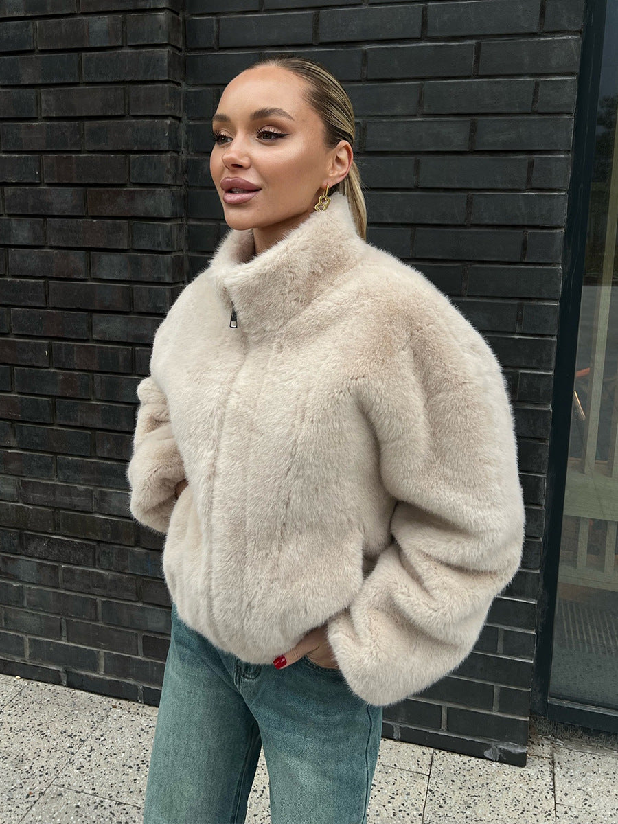 Women's Stand Collar Plush Jacket with Zipper Casual Outerwear