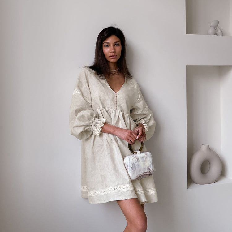 French Style V-Neck Lantern Sleeve A-Line Dress Casual Cotton Linen Blend