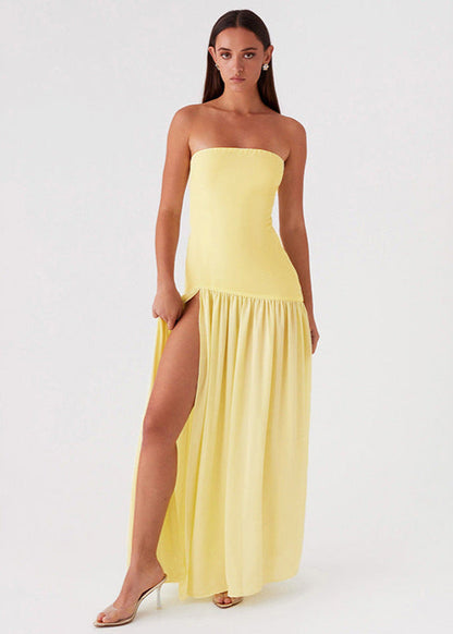 Strapless Yellow Maxi Dress With Side Slit