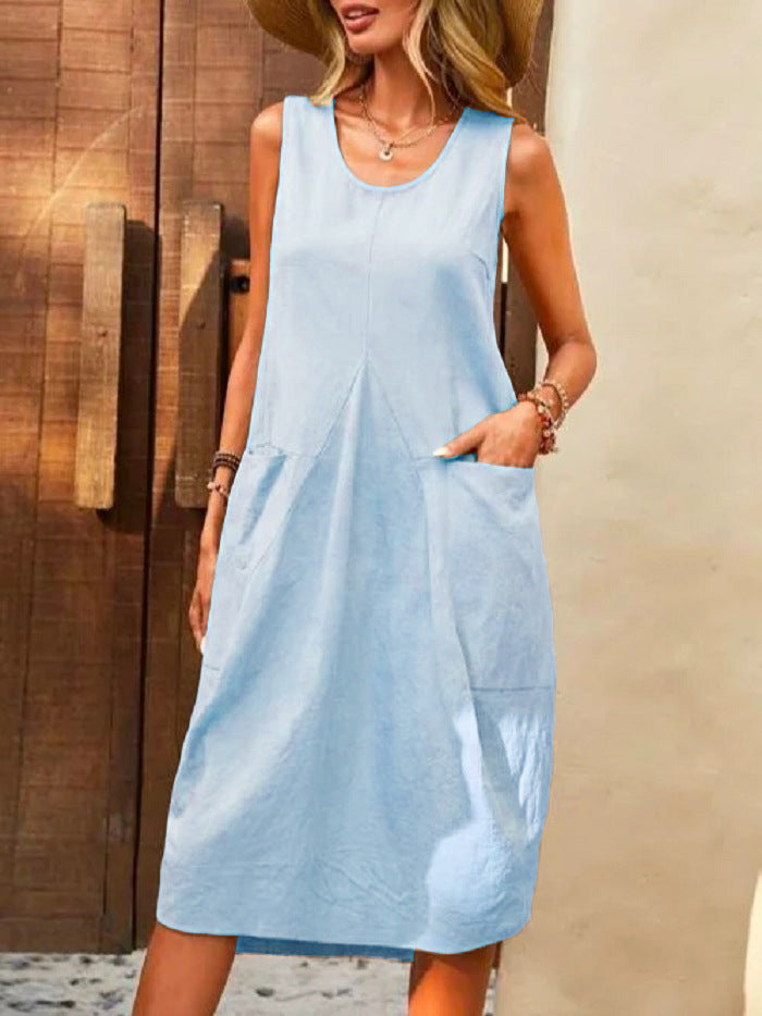 Casual Dress Cotton Linen Sleeveless Solid Amazon Loose U-Neck Dress