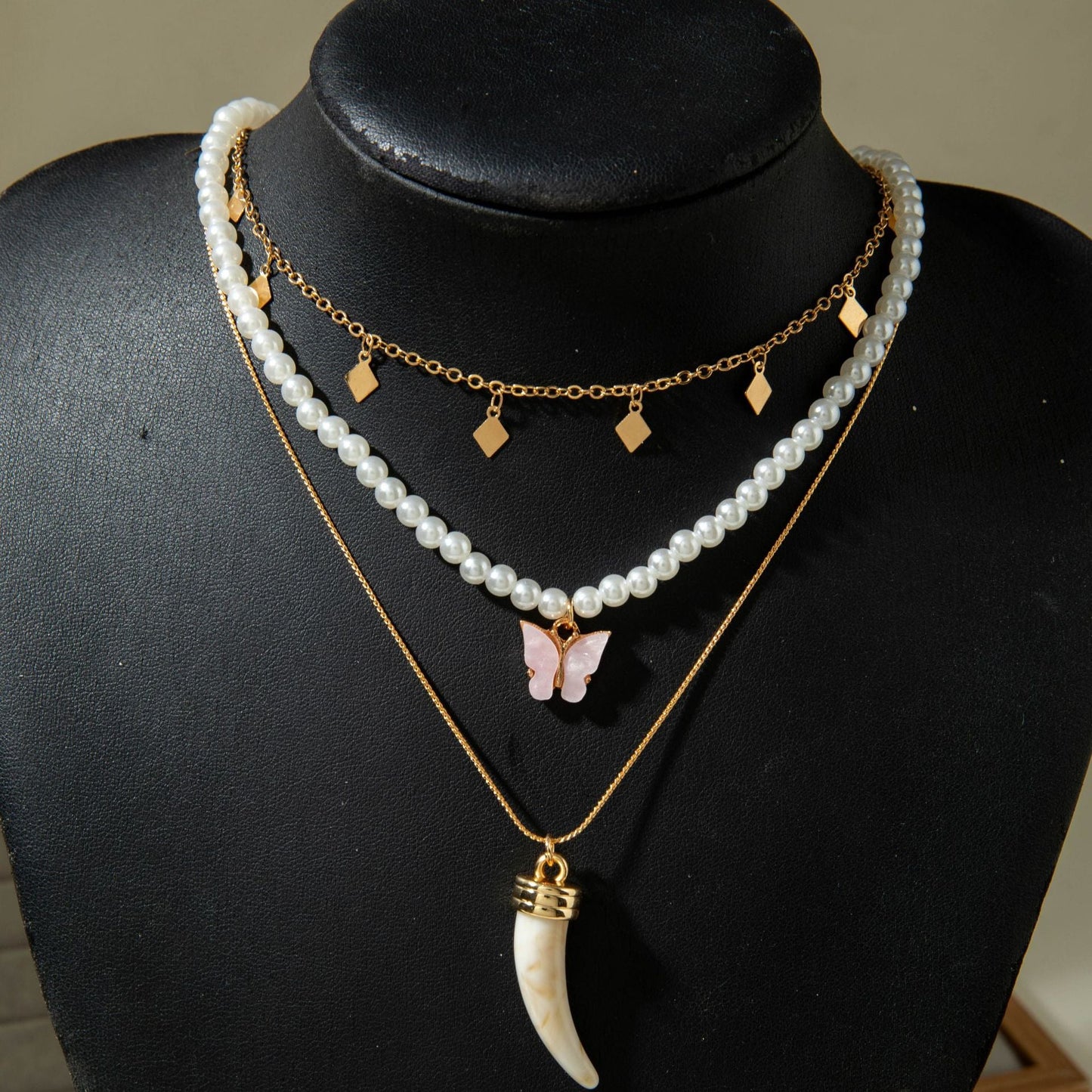 Geometric Layered Y-Shaped Alloy Necklace With Tassels And Rhinestones