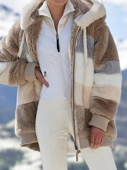 Autumn And Winter Warm Plush Patchwork Zipper Pocket Hooded Loose Coat Women