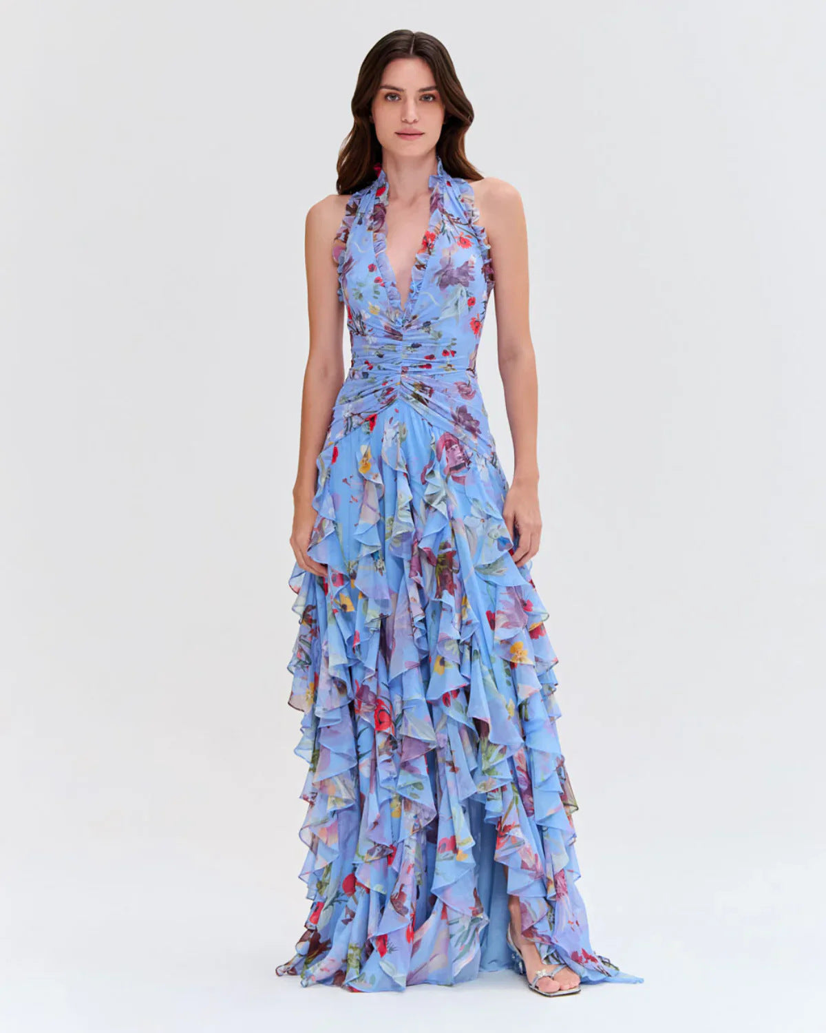Elegant Floral Ruffle Waist Midi Dress