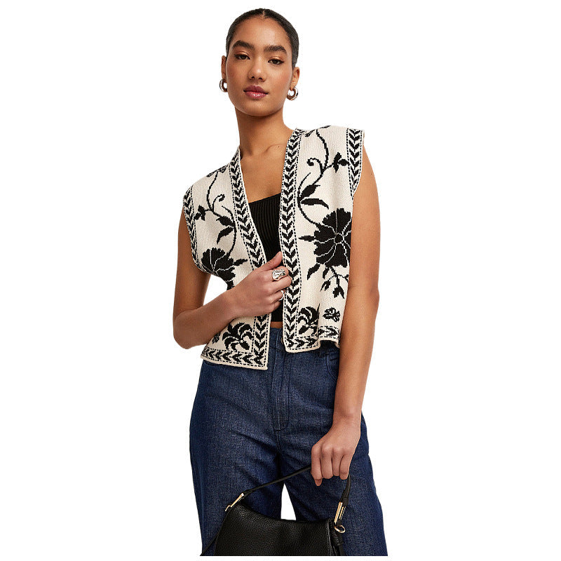 Sexy Jacquard Sleeveless Open Front Knit Vest