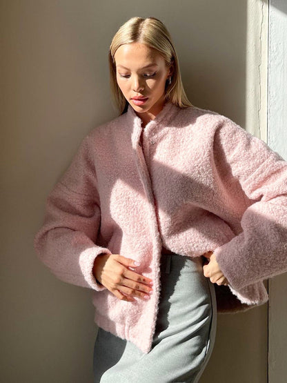 Pink Casual Stand Collar Short Jacket