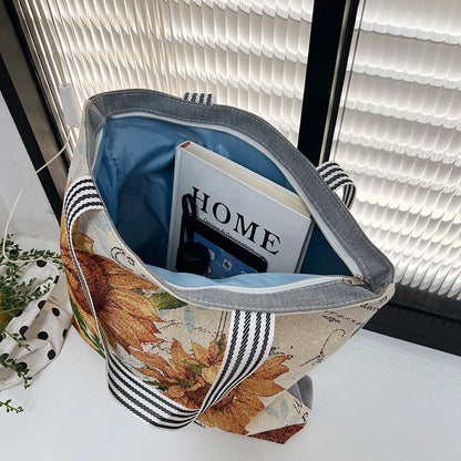 Large Capacity Tote Bag with Golden Embroidery Creative Pattern