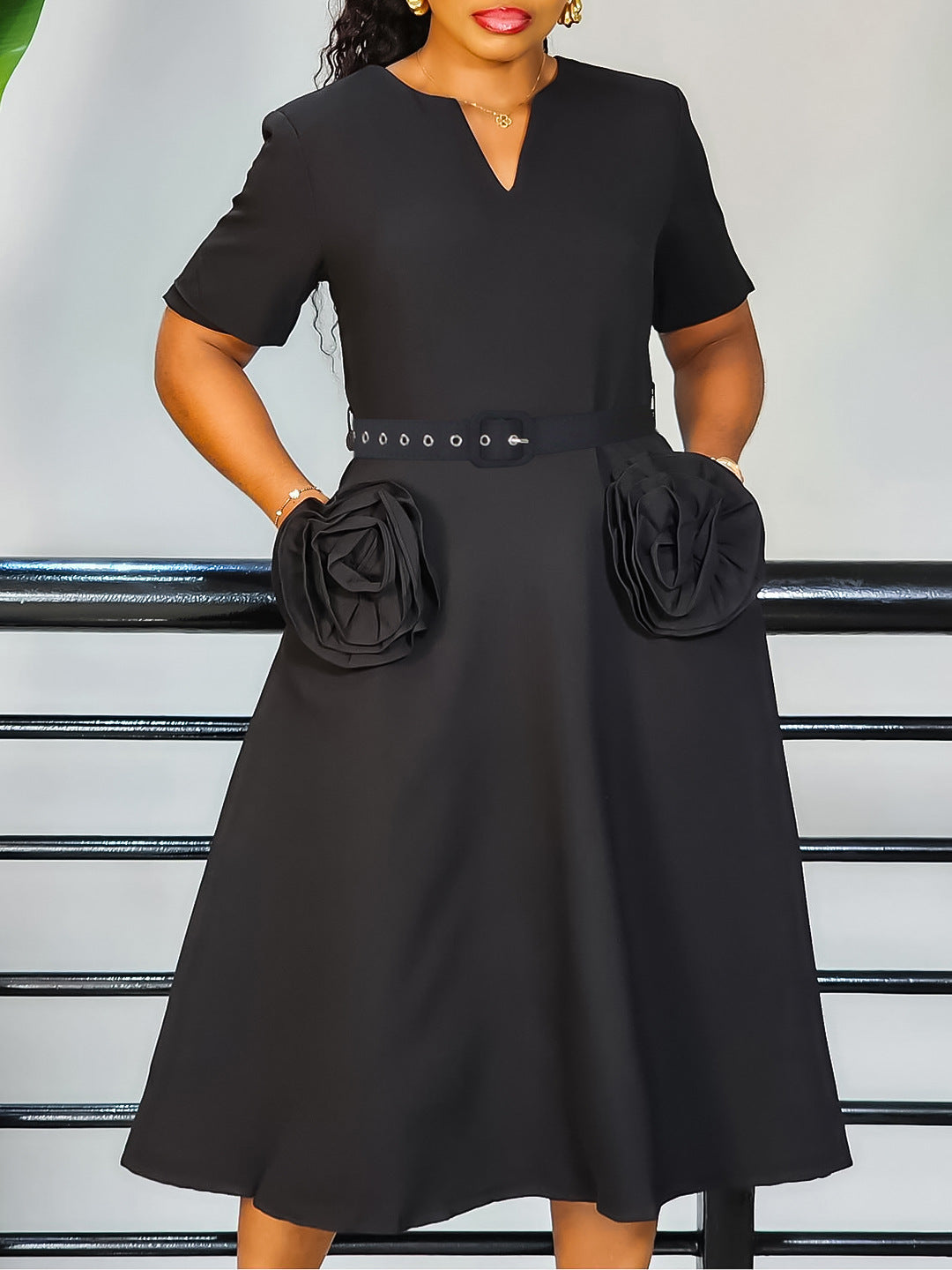Elegant V-Neck A-Line Dress With Belt