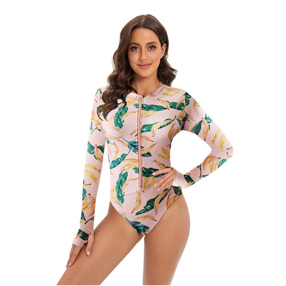 Women'S One Piece Long Sleeve Surfwear Multicolor Print Zip Swimsuit