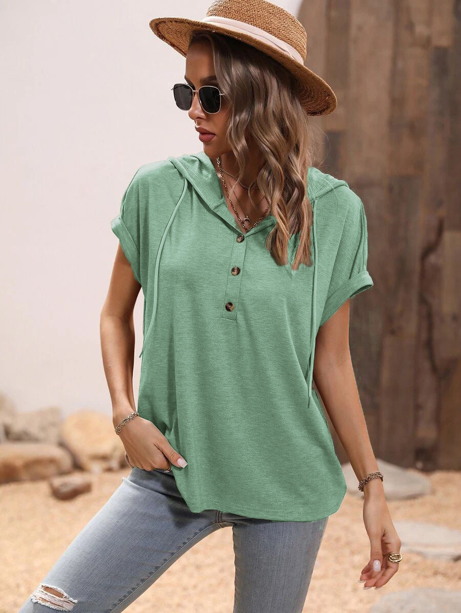 Summer Women'S Loose Hooded Button Short Sleeve T-Shirt