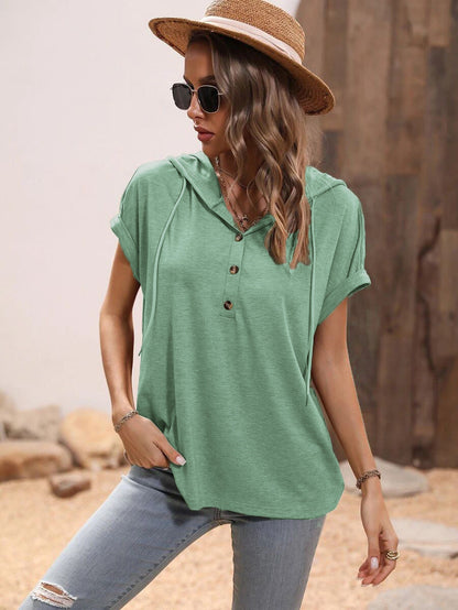 Summer Women'S Loose Hooded Button Short Sleeve T-Shirt