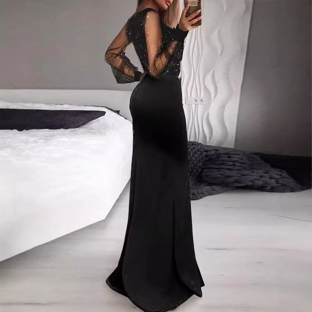 Elegant Black Midi Dress With Sheer Sequin Overlay