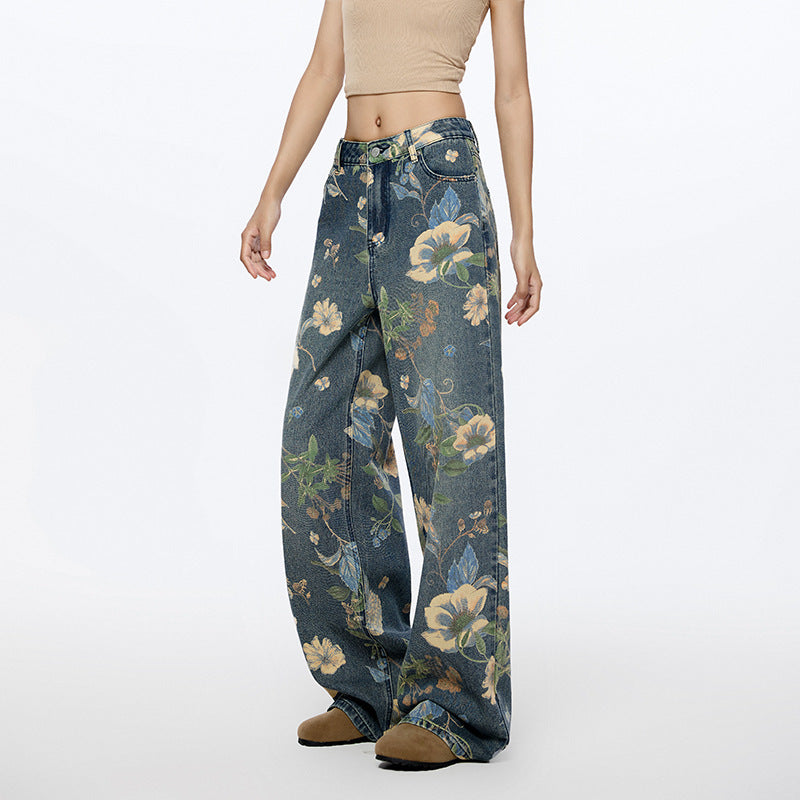Flower Printed High Rise Wide Leg Baggy Jeans