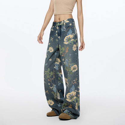 Flower Printed High Rise Wide Leg Baggy Jeans