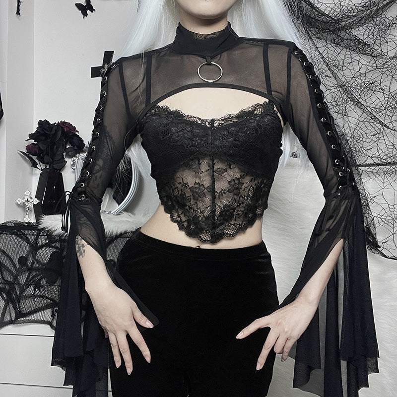 Black Sheer Mesh Long Sleeve Top with Ruffled Sleeves